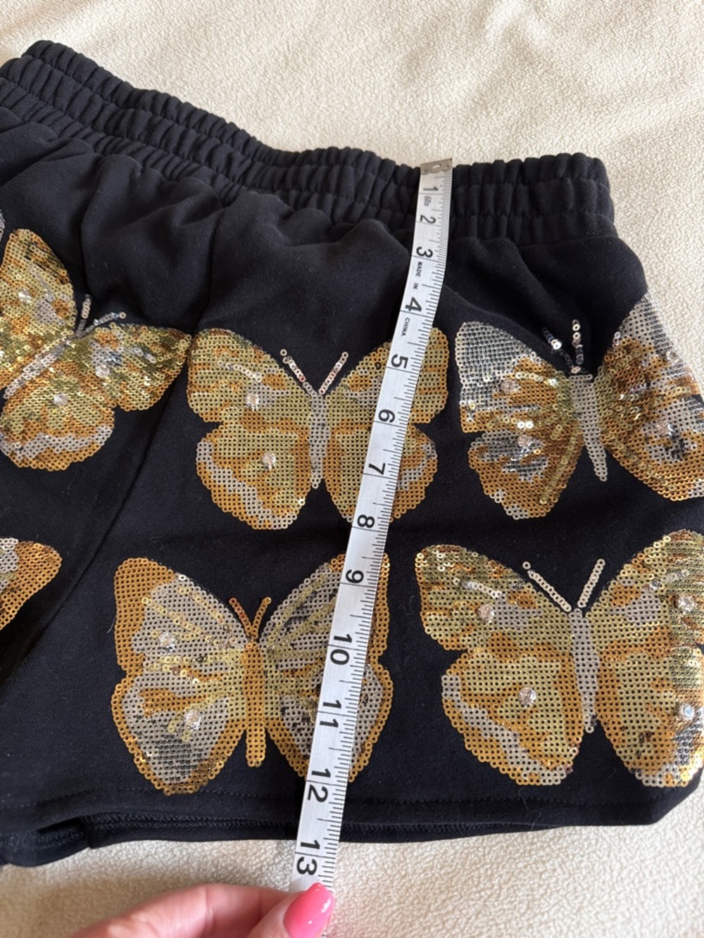 QUEEN OF SPARKLES Black High-Waist Sequin Butterfly Shorts - Picture 9 of 10